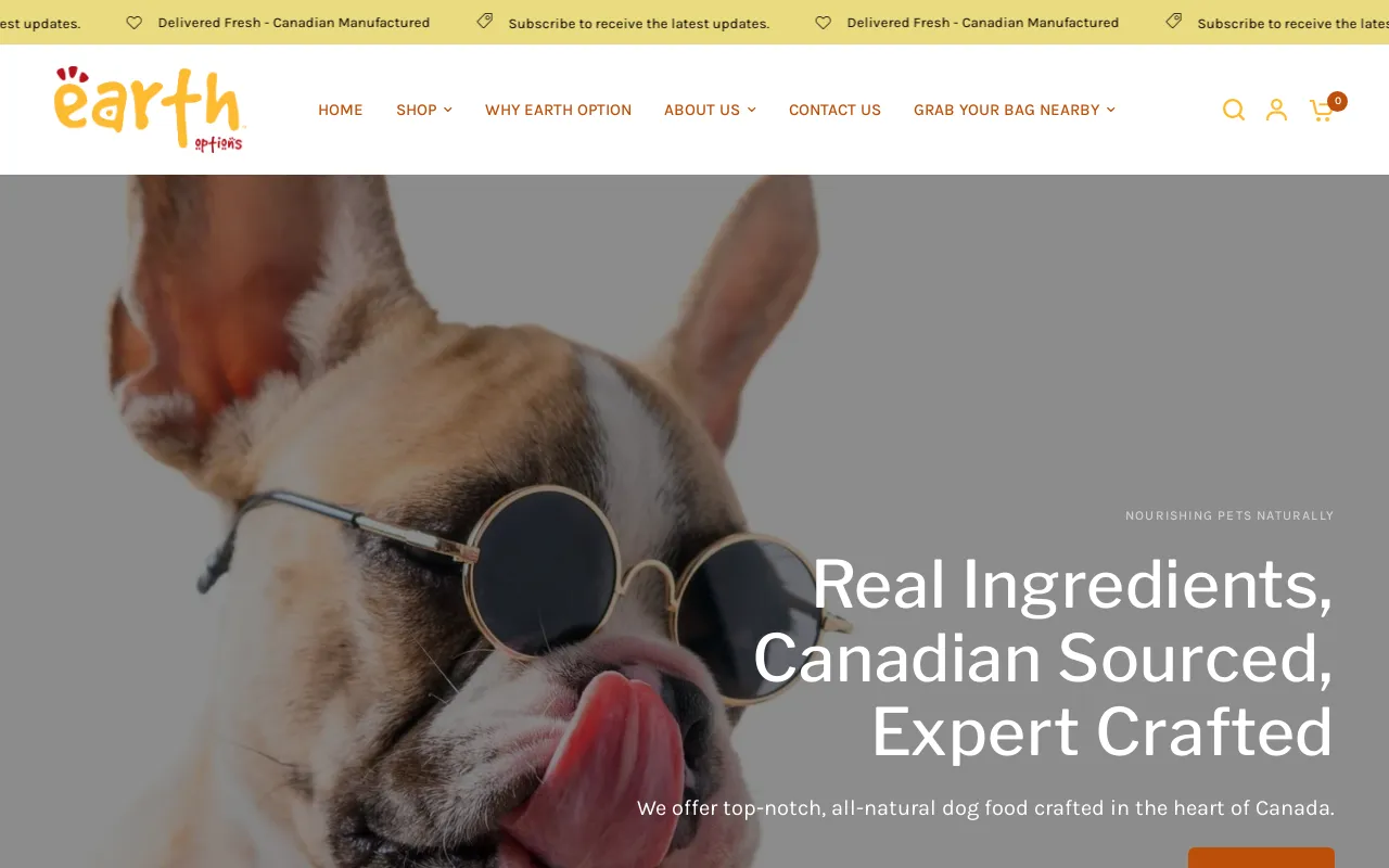 Earth Options Pet Food website screenshot
