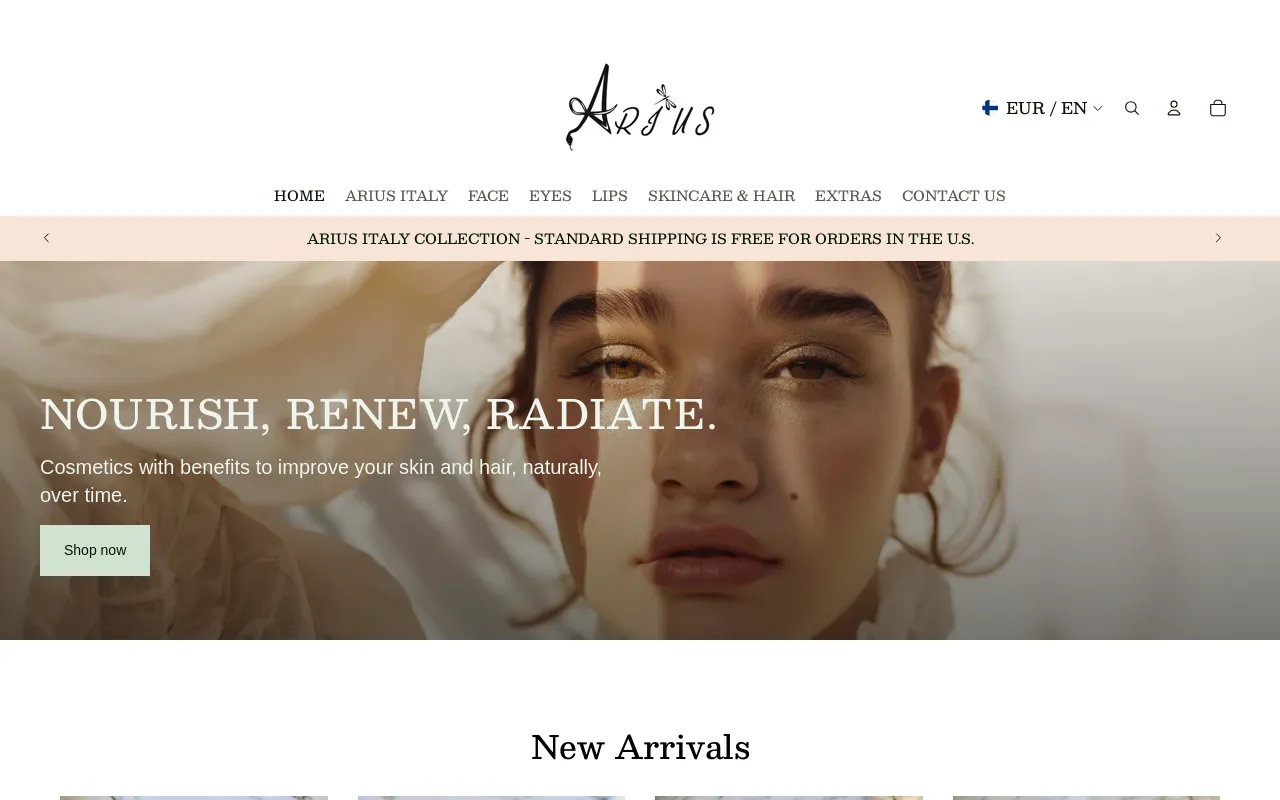 Arius Cosmetics website screenshot