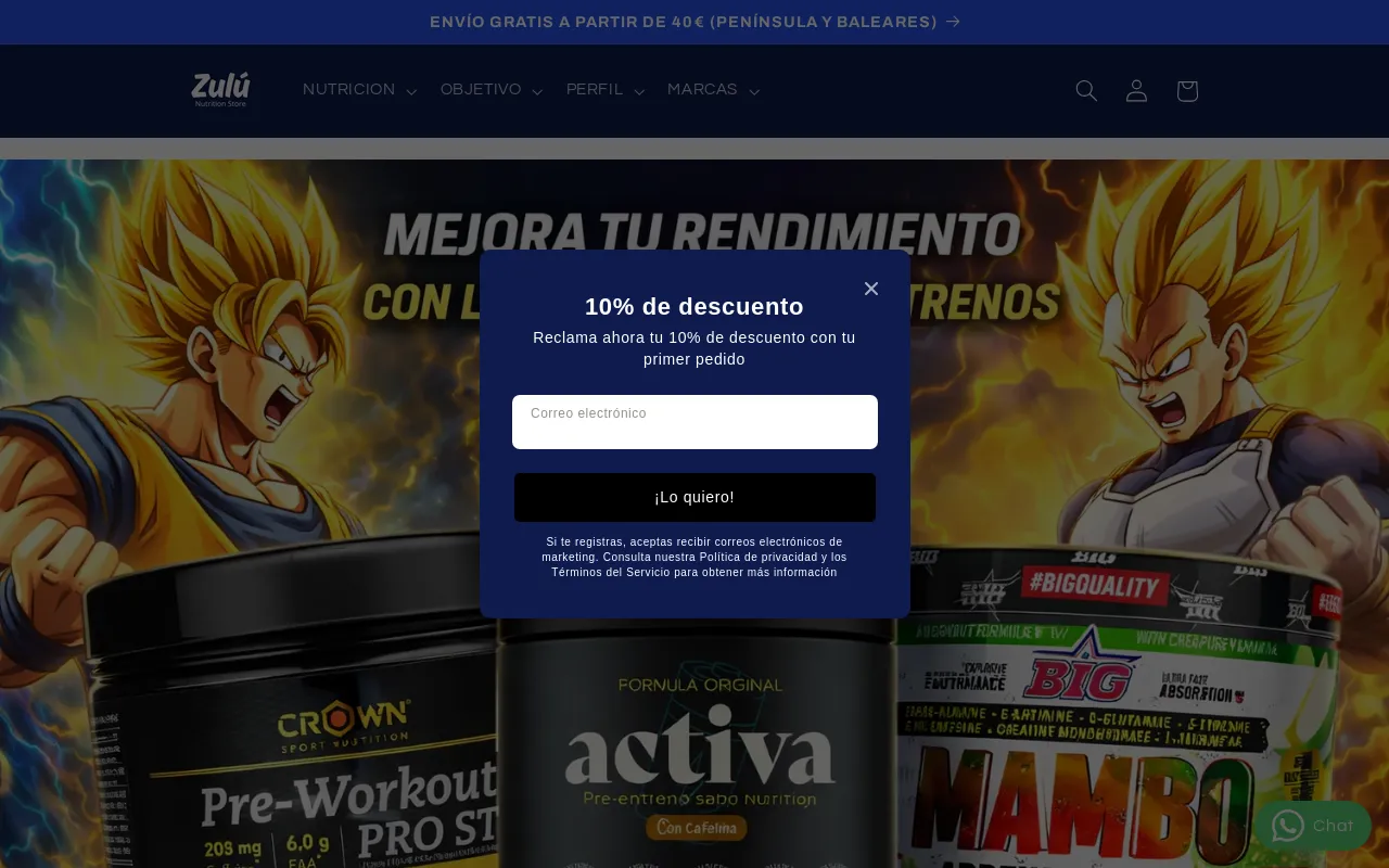 Zulú Nutrition Store website screenshot
