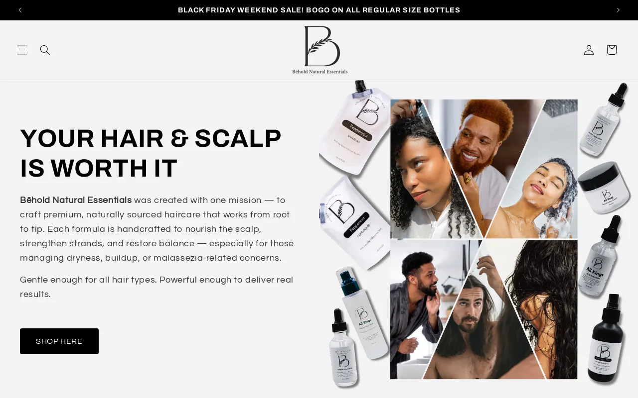 Bēhold Natural Essentials website screenshot