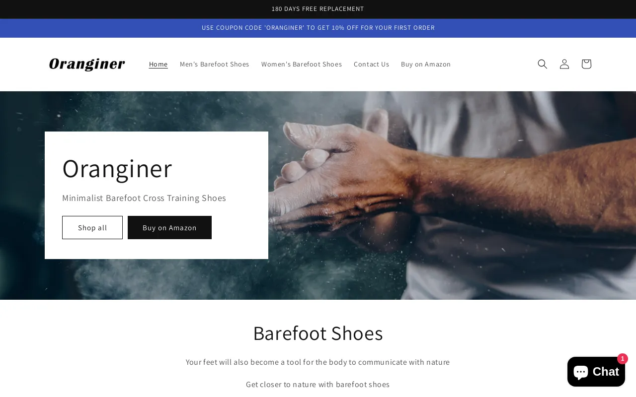 Oranginer Barefoot Shoes website screenshot