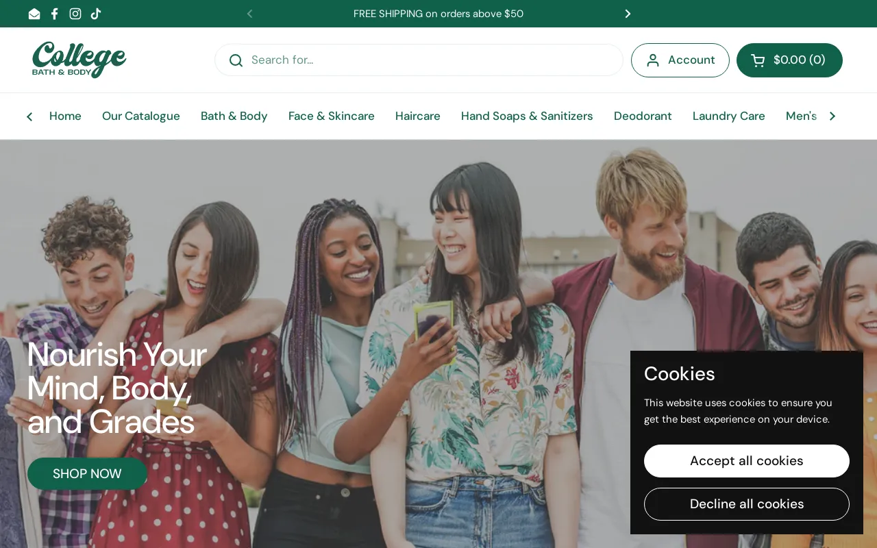 College Bath and Body website screenshot