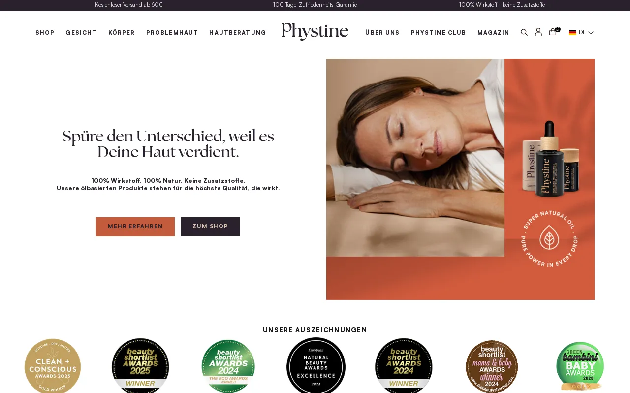 Phystine skin-care website screenshot