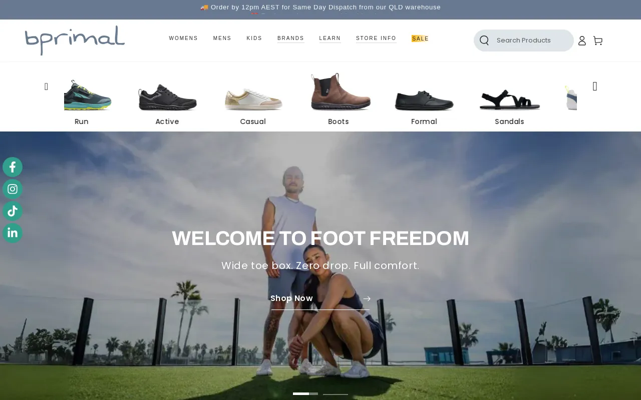 Bprimal Footwear website screenshot