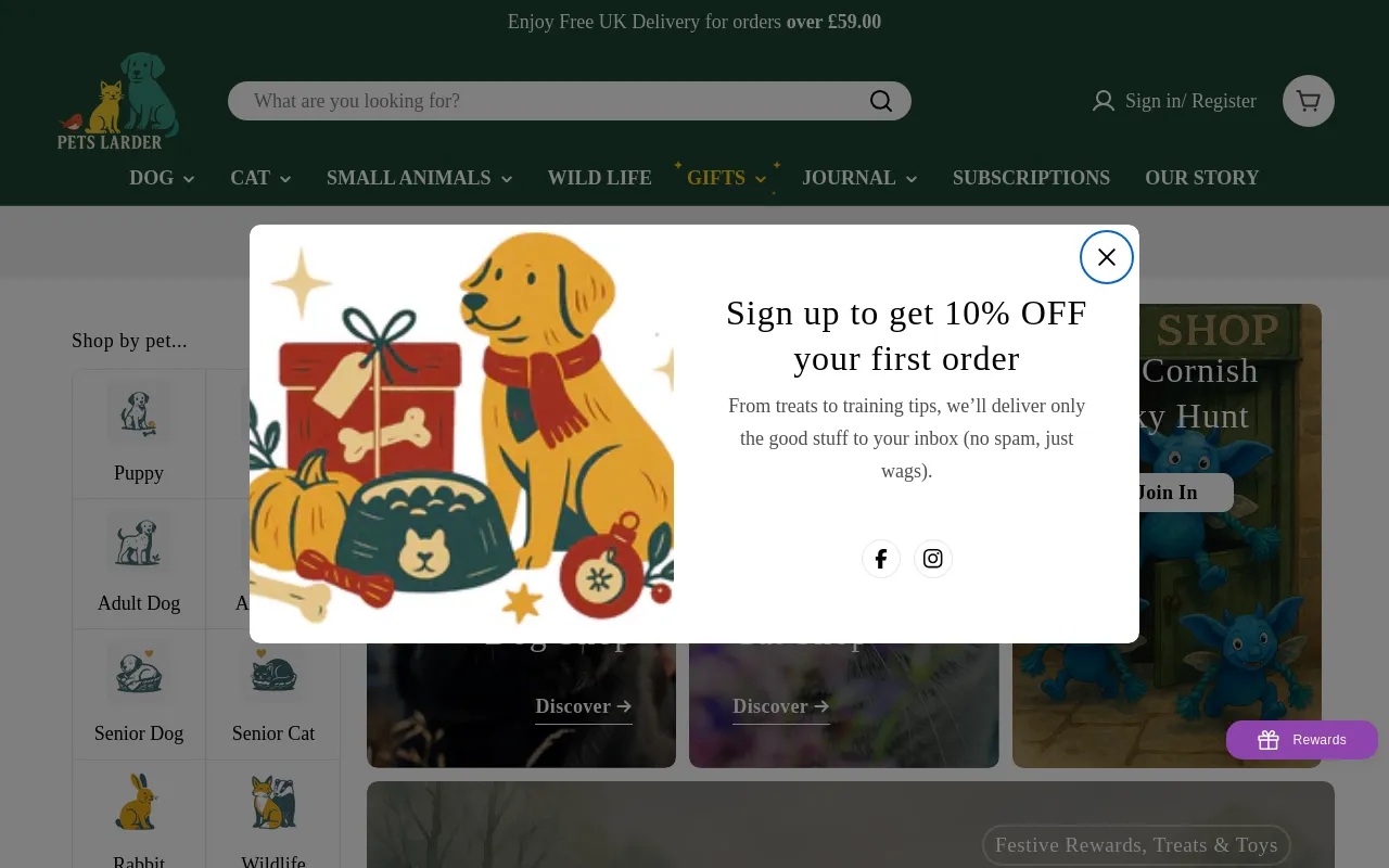 The Pets Larder website screenshot